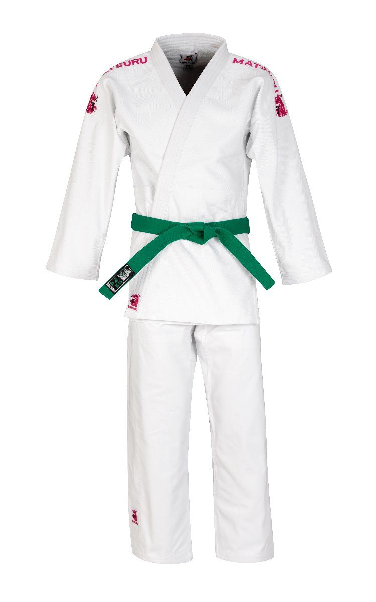 Matsuru Semi Rose – valkoinen judopuku vaaleanpunaisilla brodeerauksilla